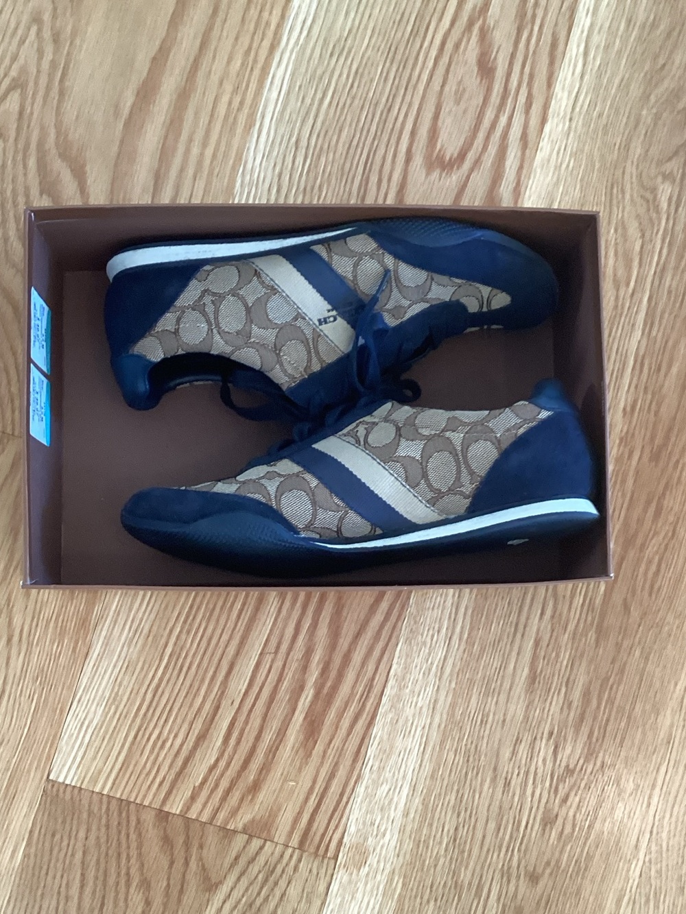 Coach Men’s Tan Signature Canvas Sneakers with Navy Suede